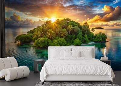 Serene forest island surrounded by calm turquoise waters, lush green trees, and vibrant tropical foliage, bathed in warm golden light at dawn or dusk. Wall mural