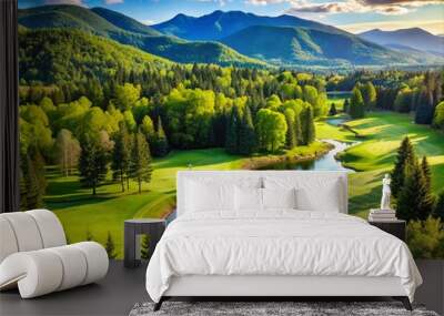 Serene golf course surrounded by lush green forests and majestic mountains, offering challenging holes and breathtaking views of the picturesque Quebec landscape. Wall mural