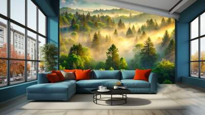 Serene misty forest landscape with vibrant green trees, soft fog, and warm sunlight, perfect for a calming and peaceful natural scenery background or poster design. Wall mural