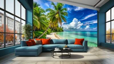 Serene summer scene at a scenic coastal beach with calm turquoise waters, powdery white sand, and lush green Wall mural