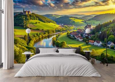 Serene sunlit German countryside with rolling hills, verdant forests, and winding rivers, showcasing picturesque villages and medieval castles amidst lush greenery and blue sky. Wall mural