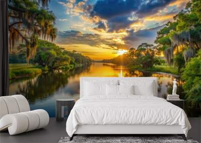 Serene sunset over the tranquil Savannah River, with lush greenery and majestic trees lining the riverbank, reflecting the warm golden light of the fading day. Wall mural