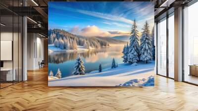 Serene winter wonderland scene featuring snow-covered evergreen trees, rolling hills, and a frozen lake under a soft, misty blue sky with gentle fog. Wall mural