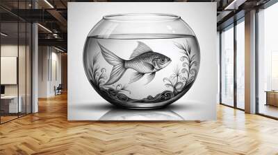 Simple, hand-drawn illustration of a classic fishbowl containing a single fish, ornate decorations and subtle water ripples, rendered in elegant black and white lines. Wall mural