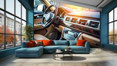 Sleek modern car interior features a premium climate control panel, offering individual temperature zones for driver and passenger, with blurred background emphasizing luxurious details. Wall mural