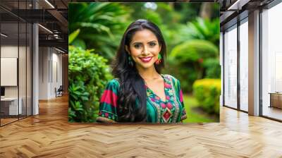 Sophisticated Latina woman with long dark hair and warm smile, wearing vibrant traditional clothing, standing Wall mural