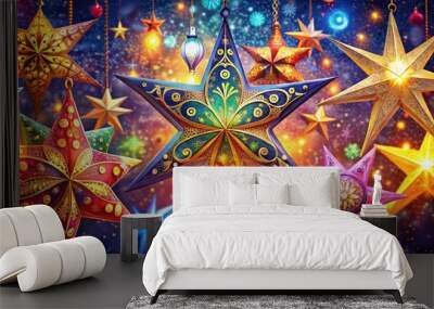 Vibrant, shimmering star shapes bursting with creative possibilities, adorned with swirling patterns, bold colors, and twinkling lights, inspiring artistic expression and celestial wonder. Wall mural