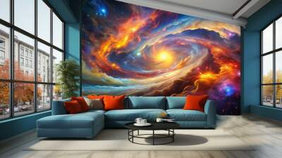 Vibrant, swirling clouds of colorful gas and dust fill the cosmos, illuminated by bright stars and streaks of light, evoking a sense of celestial wonder. Wall mural