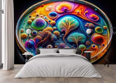 Vibrant, swirling patterns of iridescent colors emerge from a Petri dish containing a liquid culture of psychedelic mushrooms, mesmerizing and otherworldly in its beauty. Wall mural