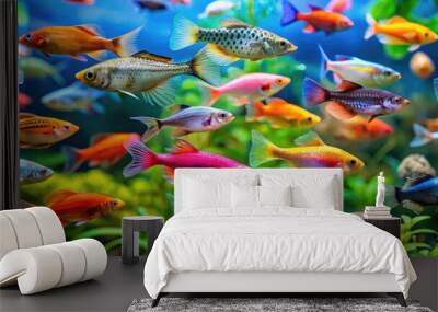 Vibrant assortment of freshwater fish, including neon tetras, guppies, and platies, swim together in a colorful aquarium, showcasing diversity of freshwater aquatic life. Wall mural