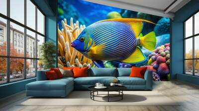 Vibrant blue and yellow tropical angelfish swims amongst coral reef, its long fins flowing as it explores the Wall mural