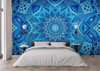 Vibrant blue geometric pattern features intricate shapes and lines creating a mesmerizing modern abstract design, perfect for backgrounds, textures, or contemporary visual elements. Wall mural