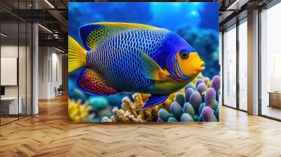 Vibrant blueface angelfish swims horizontally, its iridescent blue and yellow scales shimmering in the sunlight, surrounded by coral reef and seaweed in a crystal-clear ocean. Wall mural