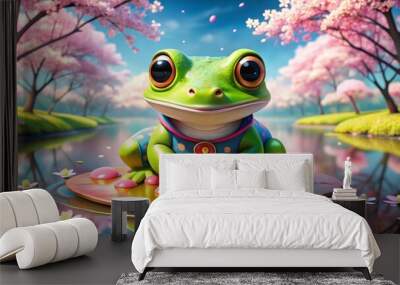 Vibrant cartoon frog with bright green skin and large expressive eyes, wearing a colorful anime-inspired swimsuit, Wall mural