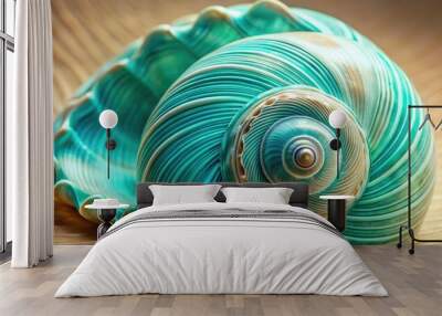 Vibrant close-up of a vibrant turquoise-colored seashell, its intricate swirling patterns and delicate ridges showcased against a contrasting cream-colored background. Wall mural