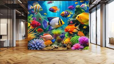 Vibrant colorful aquatic life scene featuring various species of fish including angelfish, clownfish, neon tetra, and guppies swimming in a well-maintained aquarium environment. Wall mural