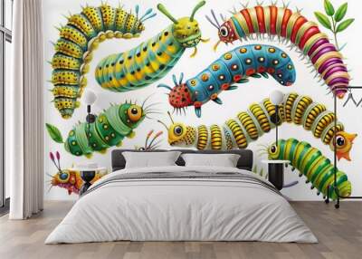 Vibrant colorful illustrations of various caterpillar icons in different shapes, sizes, and styles, isolated on white Wall mural