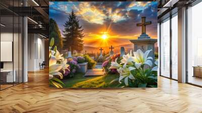 Vibrant dawn sunrise over tranquil cemetery scene with lilies and Easter lilies, symbolizing hope, renewal, and new life on Resurrection Sunday morning. Wall mural