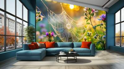 Vibrant dew-kissed web of intricate spider silk glistens on delicate wildflower petals, set against a soft, blurred background of lush green foliage and morning sunlight. Wall mural