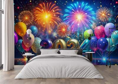 Vibrant digital illustration of 2024 in bold, shining numbers, surrounded by confetti, balloons, and fireworks, against a dark blue gradient background with subtle sparkles. Wall mural