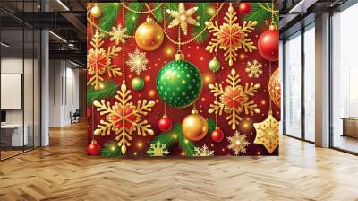 Vibrant festive illustration of snowflakes, ornaments, and garlands in shades of red, green, and gold, evoking a joyful and celebratory holiday atmosphere. Wall mural