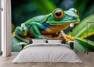 Vibrant green Morelet's tree frog with yellow eyes and sticky pads perches on a leaf, showcasing its unique features in a tropical rainforest habitat setting. Wall mural