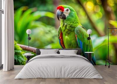 Vibrant green parrot perches on a branch, showcasing its bright plumage, curved beak, and intelligent eyes, set against Wall mural