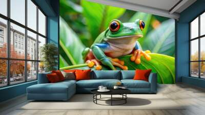 Vibrant green tree frog perched on a leaf, its bright eyes gazing upward, surrounded by lush tropical foliage, with a subtle price tag hanging nearby. Wall mural