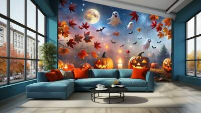 Vibrant jack-o-lanterns, glowing ghosts, and playful bats dance amidst a whimsical autumnal backdrop of twinkling stars, eerie fog, and crimson maple leaves. Wall mural