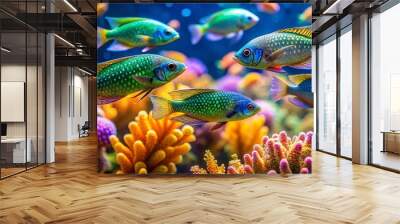 Vibrant jewelfish swim amidst bursts of coral and seaweed, their iridescent scales shimmering in shades of blue, green, Wall mural