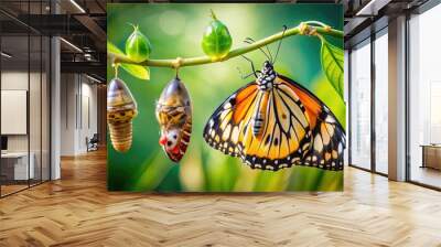 Vibrant macro photography showcases the metamorphic journey of a butterfly, from egg to larva, pupa, and finally, a delicate, winged adult, amidst lush green foliage. Wall mural