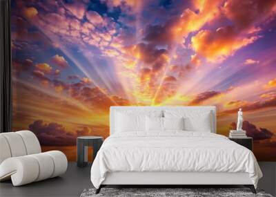 Vibrant morning sunrise background with radiant golden light, soft pink hues, and majestic clouds, evoking a sense of serenity and new beginnings. Wall mural