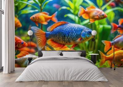 Vibrant orange and blue freshwater fish with iridescent scales and flowing fins swim amidst lush green aquatic plants in a sun-dappled Amazon river habitat. Wall mural