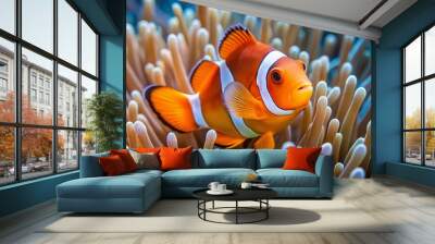 Vibrant orange clownfish with white stripes and bright blue fin swims amidst wavy sea anemone tentacles in a Wall mural