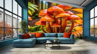 Vibrant orange wild mushrooms with rounded caps and slender stems grow in clusters on a forest floor among autumn leaves and ferns. Wall mural