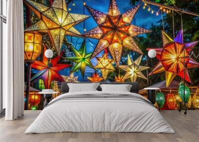 Vibrant Parol star lanterns and twinkling fairy lights adorn a festive holiday night market in a bustling Philippine town during the Christmas season. Wall mural