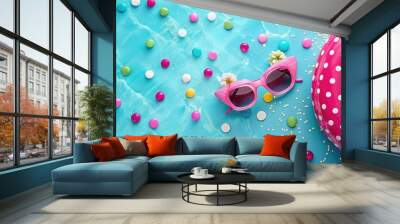 Vibrant pink and white polka-dot pool party invitation featuring a trendy summer theme with sunglasses, inflatable raft, and confetti on a bright blue background. Wall mural