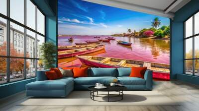 Vibrant pink waters of Lac Rose, a saltwater lake in Senegal, West Africa, surrounded by lush greenery and traditional wooden boats. Wall mural