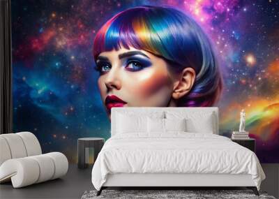 Vibrant portrait of a young woman with a stylish haircut and bold makeup, isolated on a stunning starry Wall mural