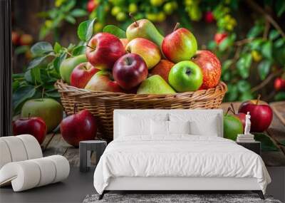 Vibrant red and green apples and pears overflow from a woven wicker basket on a rustic wooden table, surrounded by fresh green leaves and soft light. Wall mural