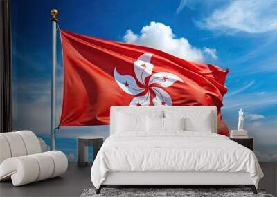 Vibrant red-and-white Hong Kong flag waving proudly against a clear blue sky, with subtle folds and creases, symbolizing national pride and independence. Wall mural