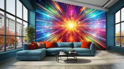 Vibrant starburst explosion of bright colors and light rays radiates from the center on a dark background, creating Wall mural