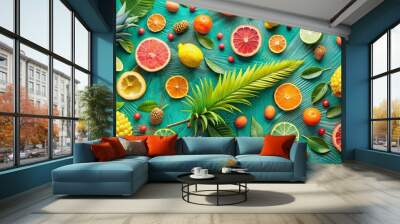 Vibrant tropical hues of sunny coral, minty fresh green, and radiant citrus yellow warm up a modern summer scene with playful textured accents. Wall mural