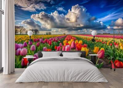 Vibrant tulips in every color of the rainbow sway gently in the breeze, set against a backdrop of cloud-dotted blue skies and lush green fields in Holland. Wall mural