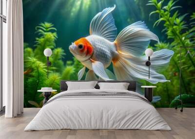 Vibrant white Oranda goldfish with flowing fins and a majestic veil-like tail swims amidst lush green aquatic plants Wall mural