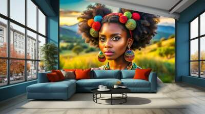 Vibrant woman with curly, textured Afro puffs and twists, adorned with eclectic jewelry, standing confidently in front Wall mural