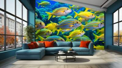 Vibrant yellowback fusilier fish swim together in shallow coral reef waters, their bright yellow and blue stripes Wall mural