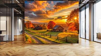 Warm golden light casts long shadows across a rustic landscape as vibrant orange and pink hues dance across the sky during a serene fall sunset. Wall mural