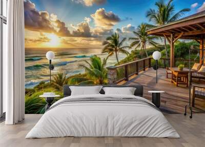 Warm golden light illuminates a serene coastal residence with weathered wood accents, expansive deck, and lush tropical foliage overlooking turquoise ocean waves. Wall mural