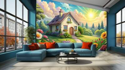 Whimsical hand-drawn illustration of a cozy house surrounded by lush greenery, vibrant flowers, and a bright sun, set Wall mural